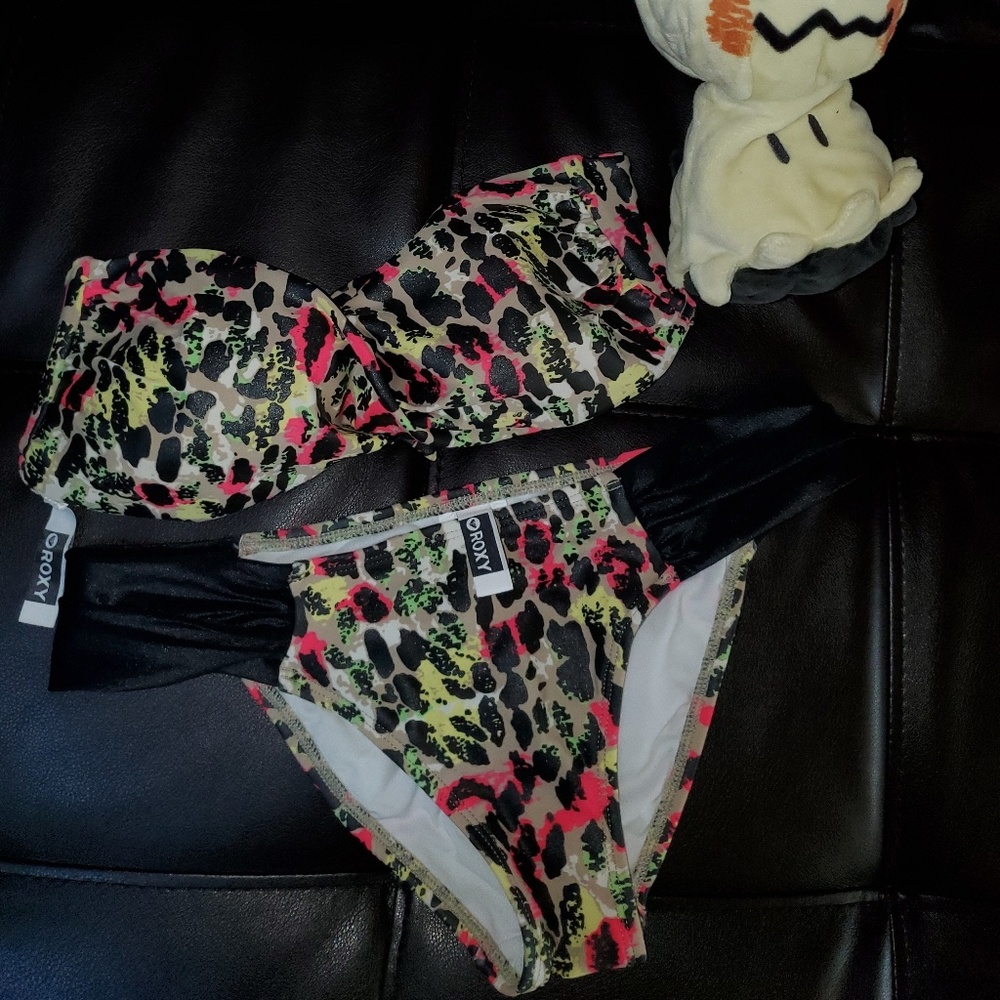 Roxy Neon Cheetah Print Bandeau Bikini Swimsuit